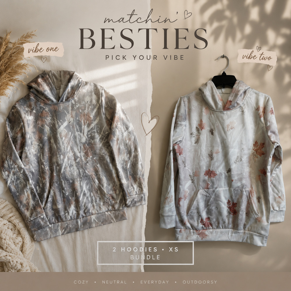XS Camo Hoodie Bundle 2 Pc Neutral Deer Leaf Print Pullover Sweatshirts